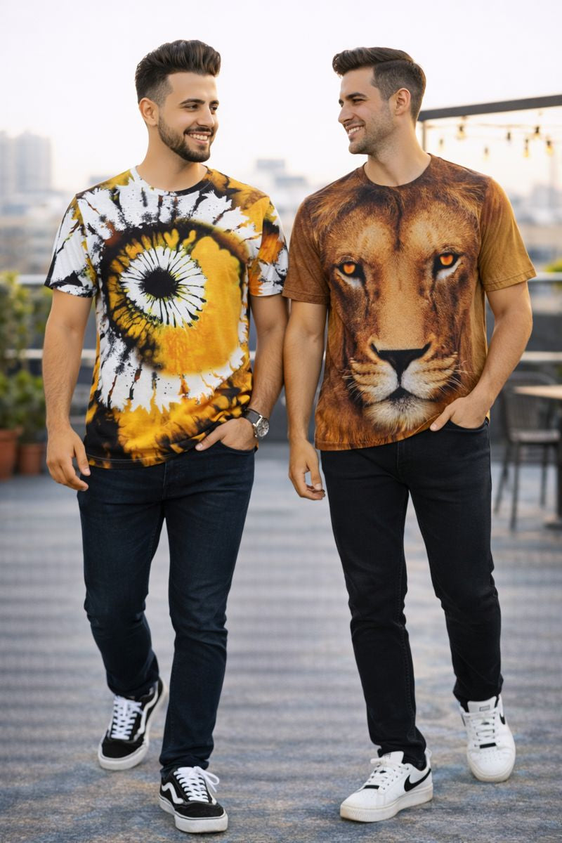 PACK 2 Men's Printed T-Shirt | Trendy Graphic Print T-Shirts for Men ( Yellow Gold Lion )
