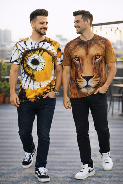 PACK 2 Men's Printed T-Shirt | Trendy Graphic Print T-Shirts for Men ( Yellow Gold Lion )