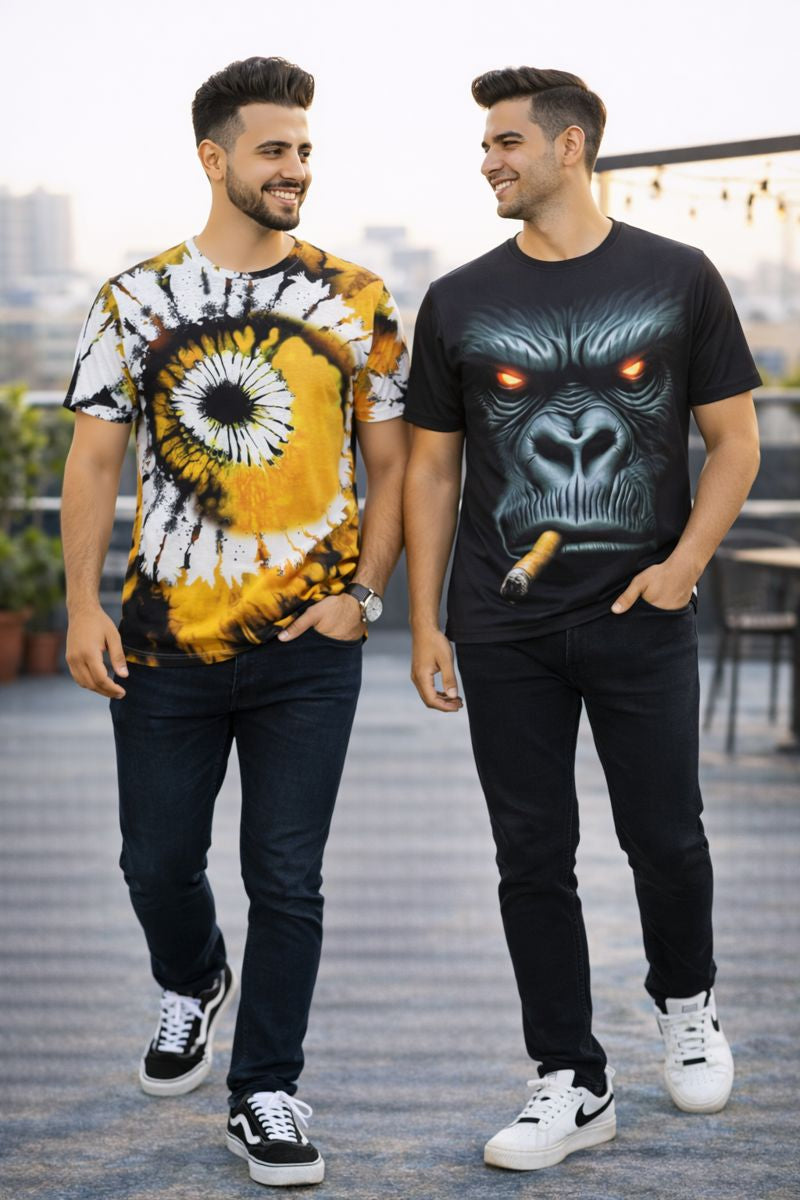 PACK 2 Men's Printed T-Shirt | Trendy Graphic Print T-Shirts for Men ( Yellow Gorila )