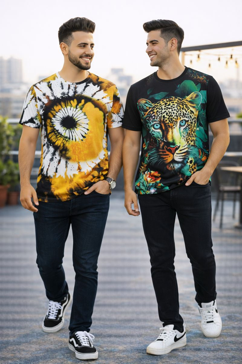 PACK 2 Men's Printed T-Shirt | Trendy Graphic Print T-Shirts for Men ( Yellow Greenpan )