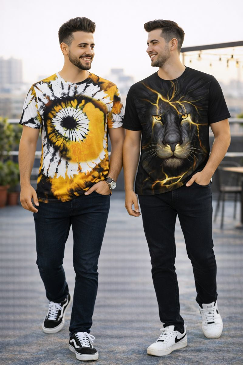 PACK 2 Men's Printed T-Shirt | Trendy Graphic Print T-Shirts for Men ( Yellow Lite Tiger )