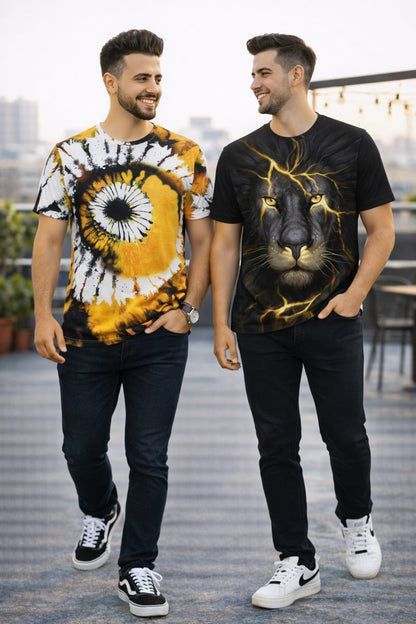 PACK 2 Men's Printed T-Shirt | Trendy Graphic Print T-Shirts for Men ( Yellow Lite Tiger )