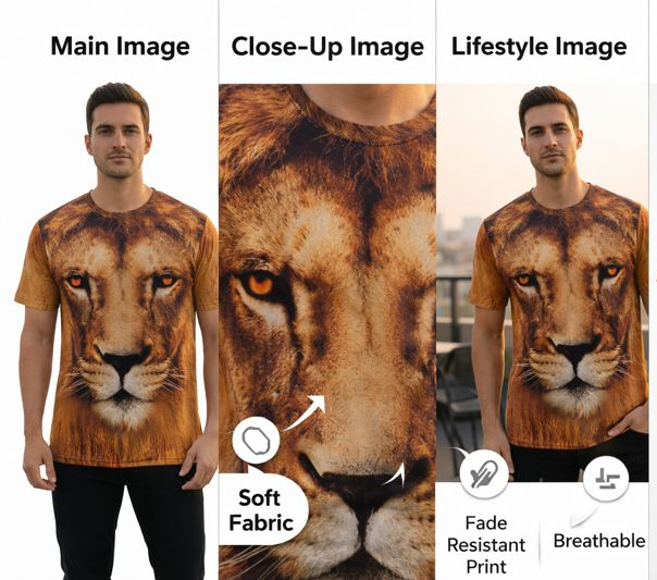 2-Pack Men's 3D Realistic Lion Graphic T-Shirts 2-Pack ( Black-Gold Lion)
