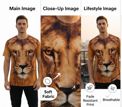 2-Pack Men's 3D Realistic Lion Graphic T-Shirts 2-Pack ( Black-Gold Lion)