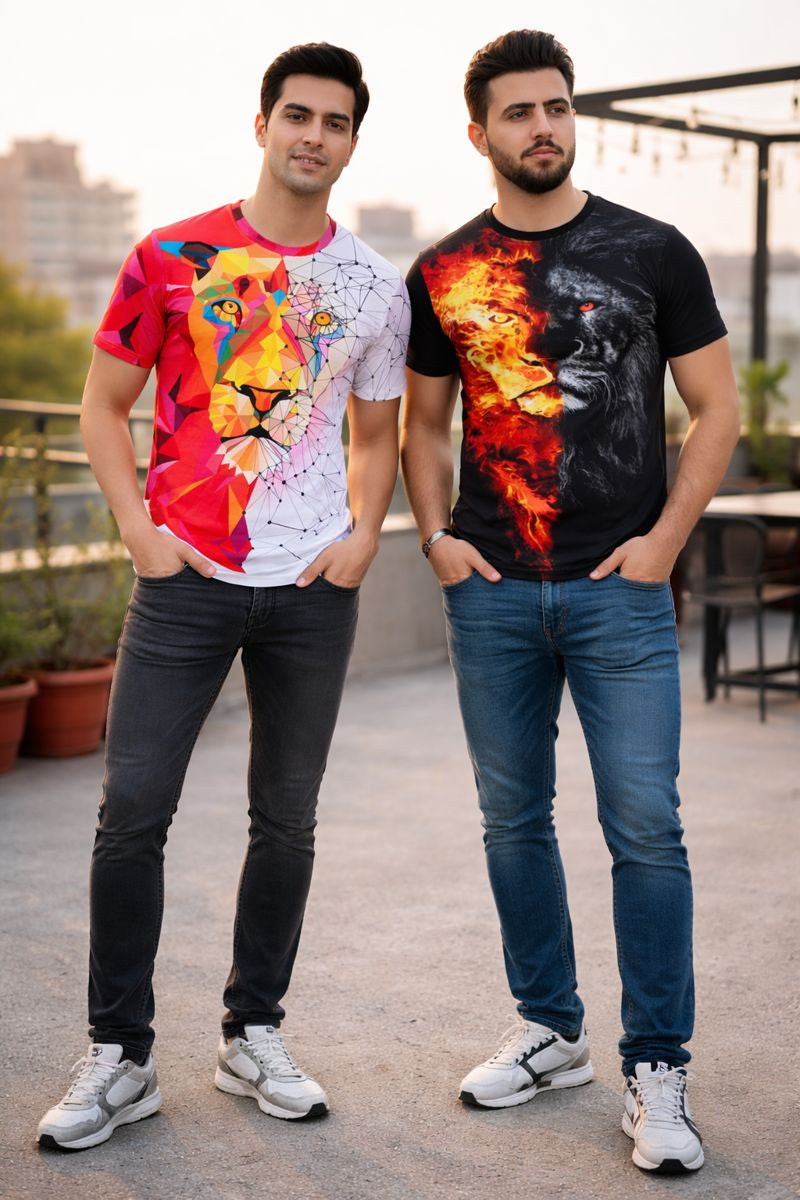 PACK 2 Men's Printed T-Shirt | Trendy Graphic Print T-Shirts for Men ( Red Fire Lion