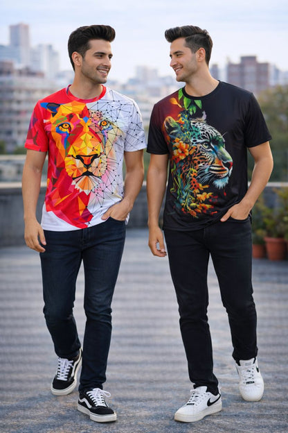 PACK 2 Men's Printed T-Shirt | Trendy Graphic Print T-Shirts for Men ( Red Flower Tiger