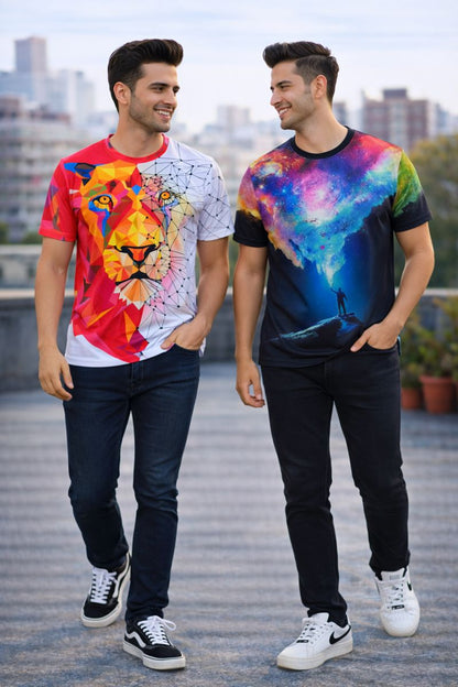 PACK 2 Men's Printed T-Shirt | Trendy Graphic Print T-Shirts for Men ( Red Galaxy