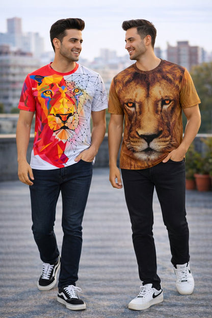 PACK 2 Men's Printed T-Shirt | Trendy Graphic Print T-Shirts for Men ( Red Gold Lion