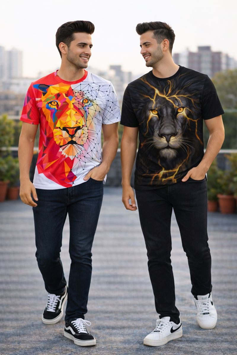 PACK 2 Men's Printed T-Shirt | Trendy Graphic Print T-Shirts for Men ( Red Lite Tiger