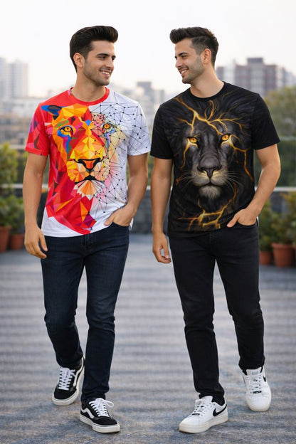 PACK 2 Men's Printed T-Shirt | Trendy Graphic Print T-Shirts for Men ( Red Lite Tiger