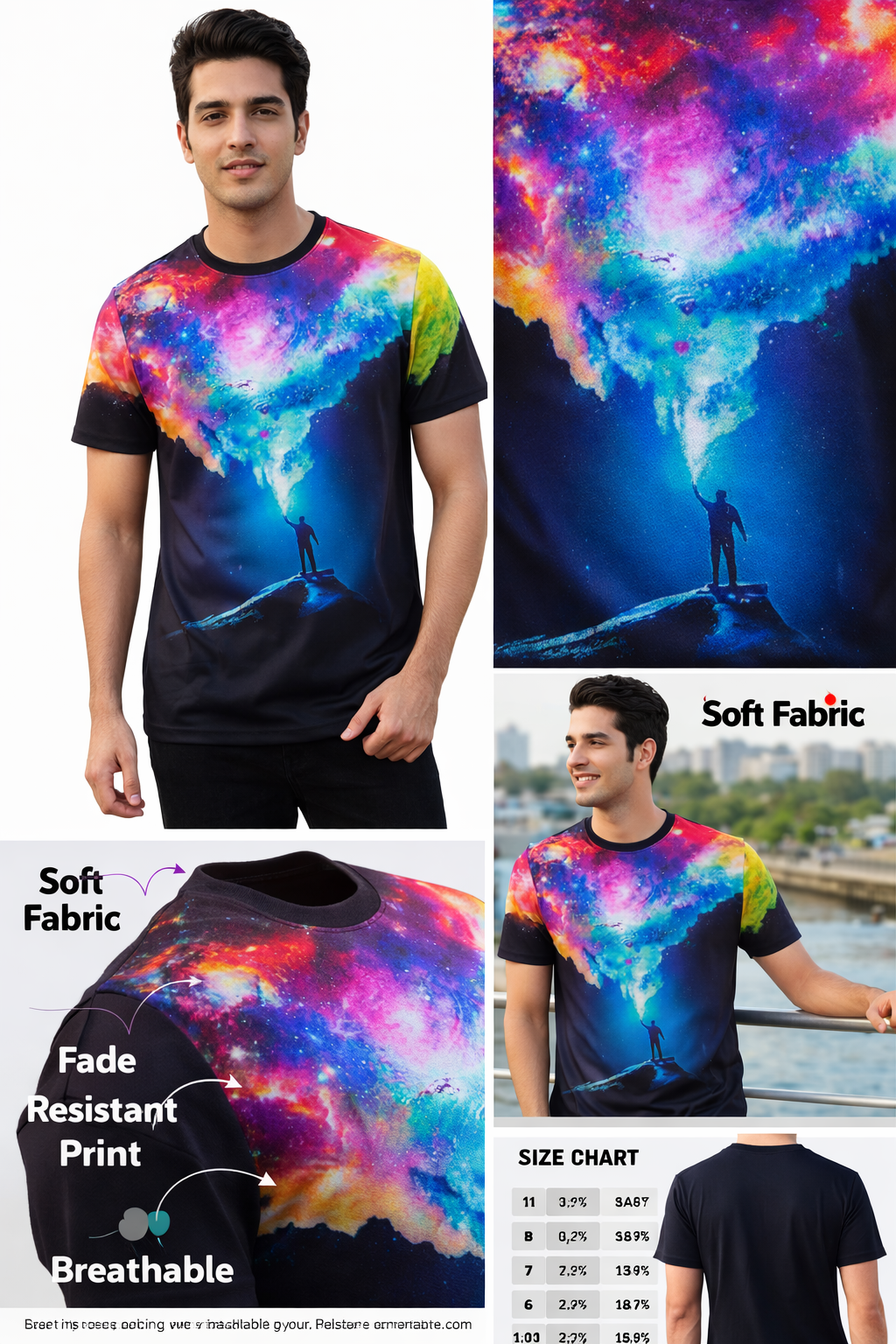 2-Pack Men's 3D Realistic Lion Graphic T-Shirts 2-Pack ( Black-Galaxy)