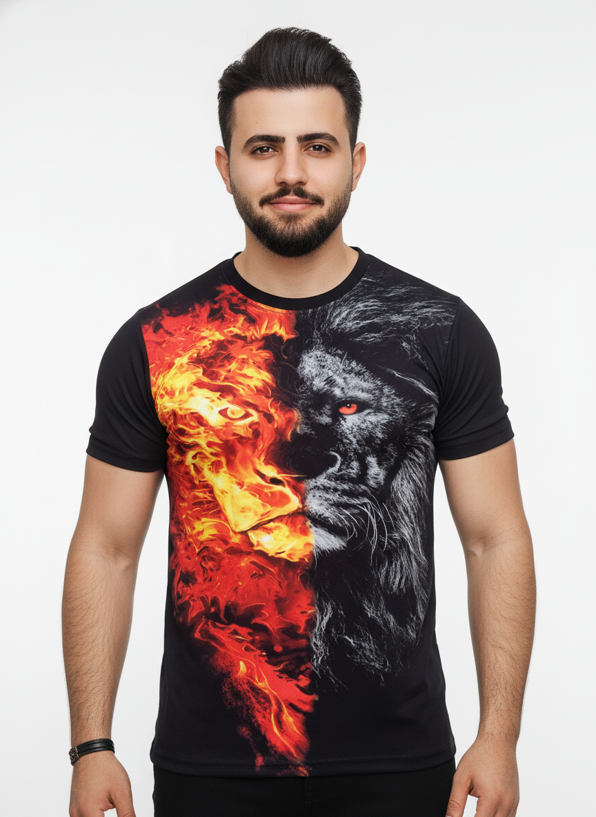 2-Pack Men's 3D Realistic Lion Graphic T-Shirts 2-Pack ( Black-Fire lion)