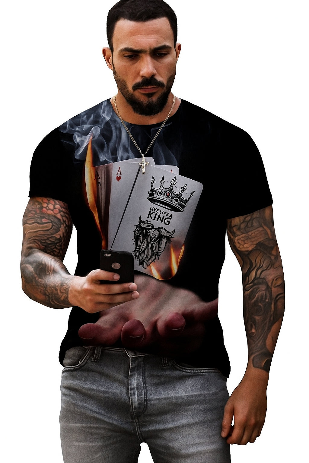 Flame Playing Cards 3D Print T-shirt For Men | Casual T Shirt | Poker Card Design
