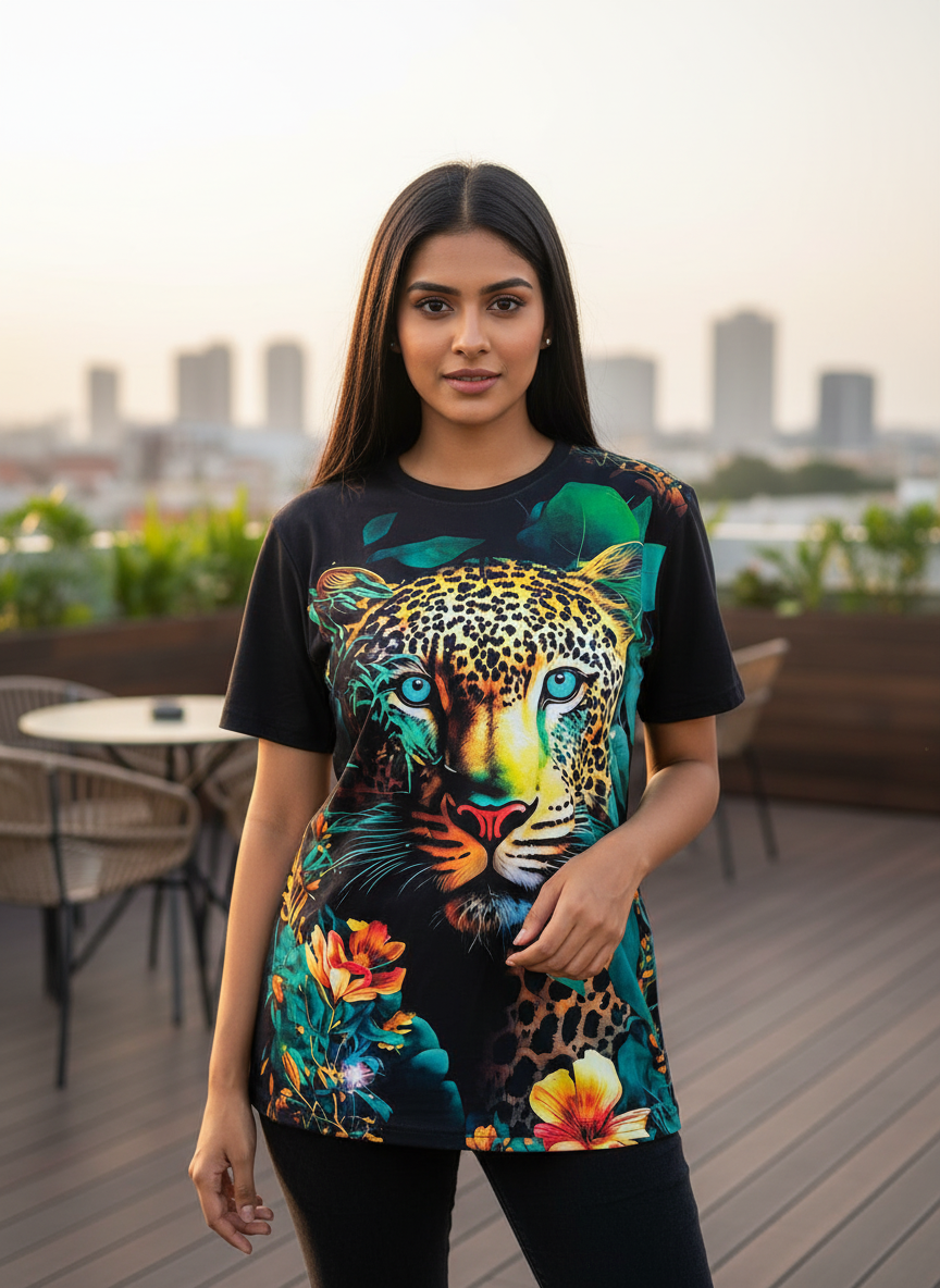 Tiger Printed Polycotton Half Sleeve Oversized Animal T-Shirt for Women