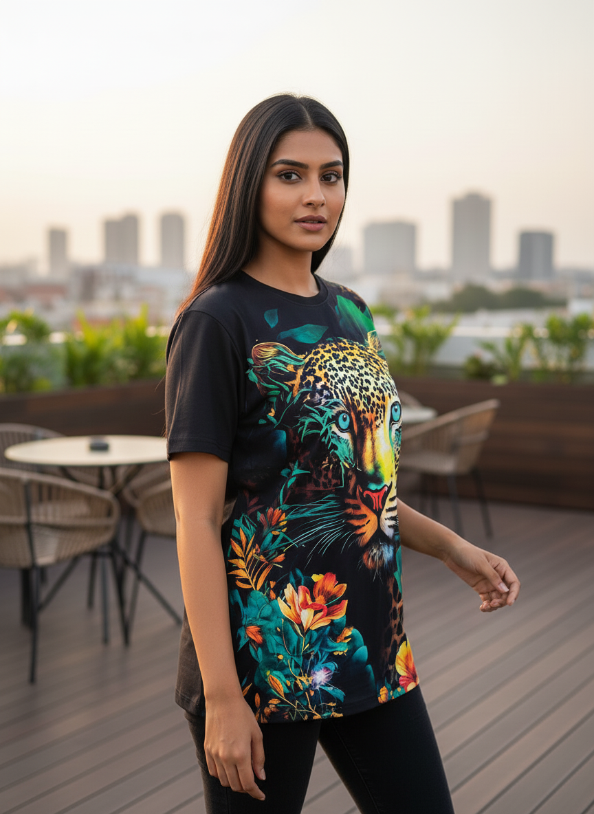 Tiger Printed Polycotton Half Sleeve Oversized Animal T-Shirt for Women