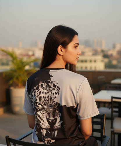 Tiger Printed Polycotton Half Sleeve Oversized Animal T-Shirt for Women ( Grey )