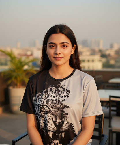 Tiger Printed Polycotton Half Sleeve Oversized Animal T-Shirt for Women ( Grey )