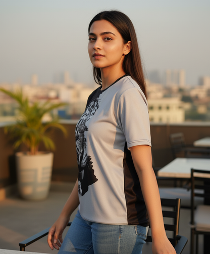 Tiger Printed Polycotton Half Sleeve Oversized Animal T-Shirt for Women ( Grey )