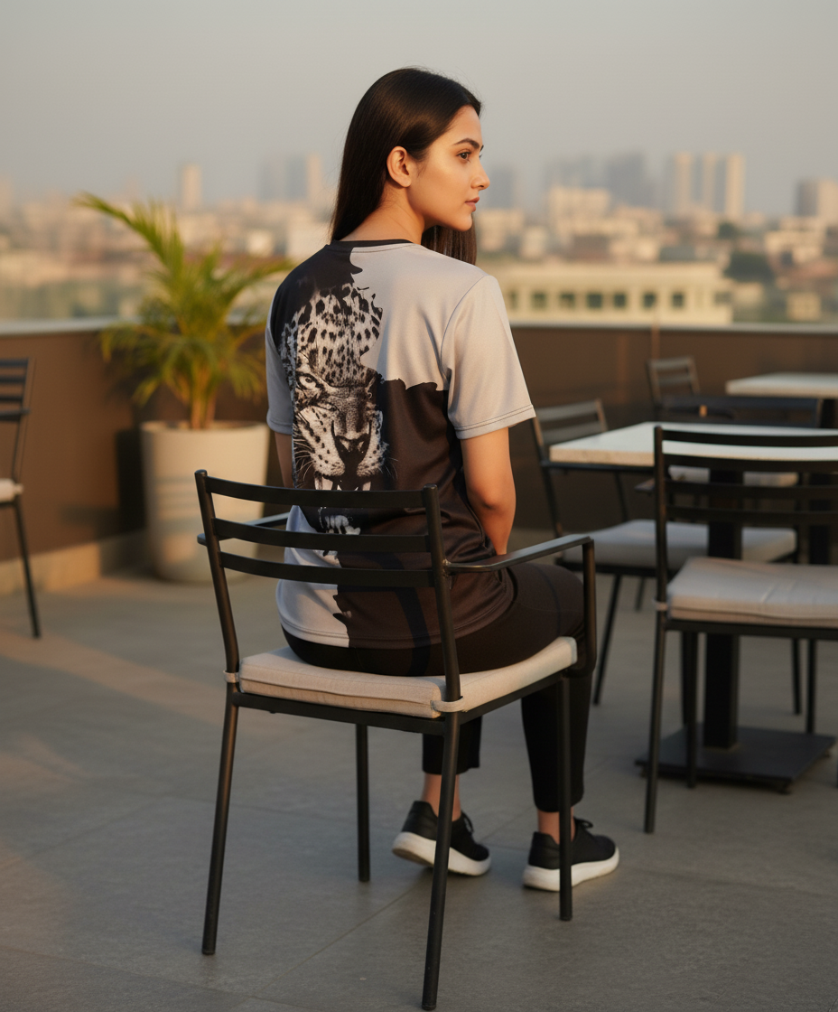 Tiger Printed Polycotton Half Sleeve Oversized Animal T-Shirt for Women ( Grey )