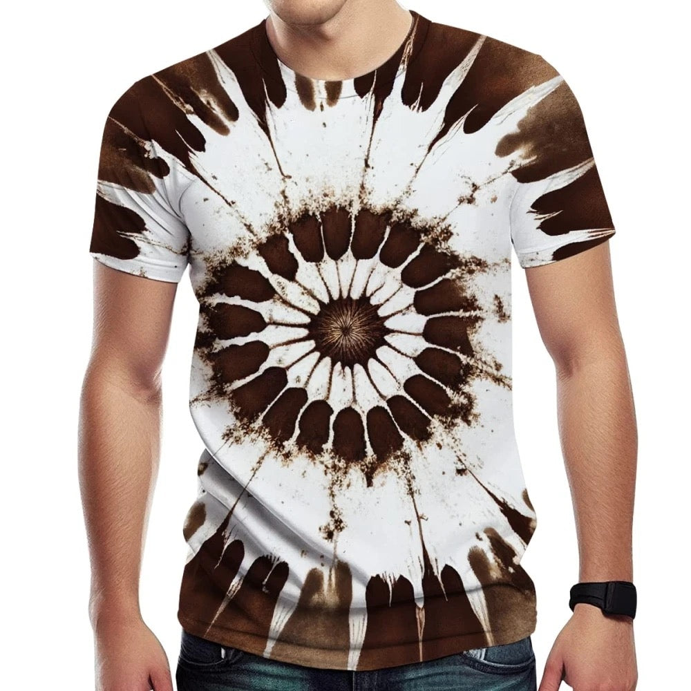 Brown Tie-Dye T-Shirt for Men with Spiral Streak Print and Short Sleeves, perfect for casual summer wear