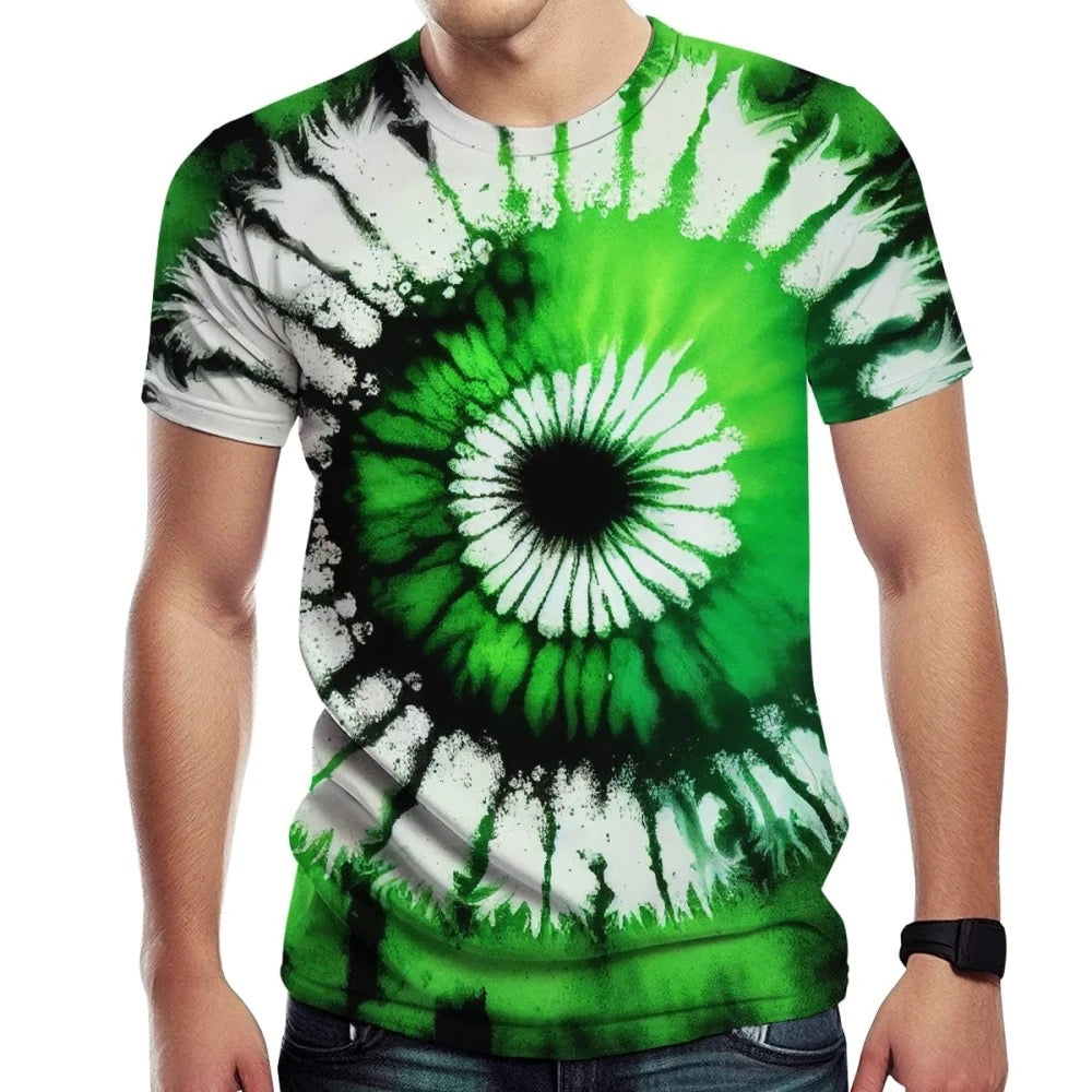 Green Tie-Dye T-Shirt for Men with Spiral Streak Print and Short Sleeves, perfect for casual summer wear