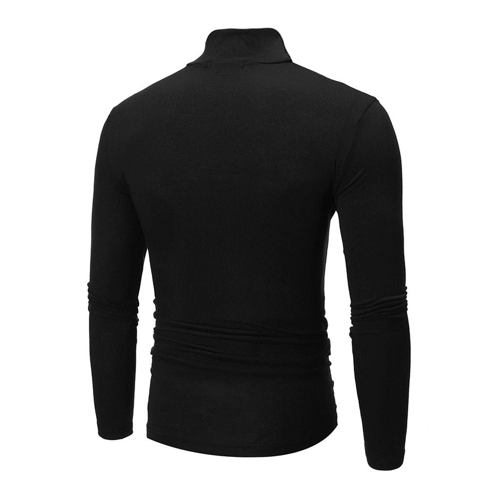 Back view of black high-neck poly cotton full-sleeve turtle neck t-shirt for men.