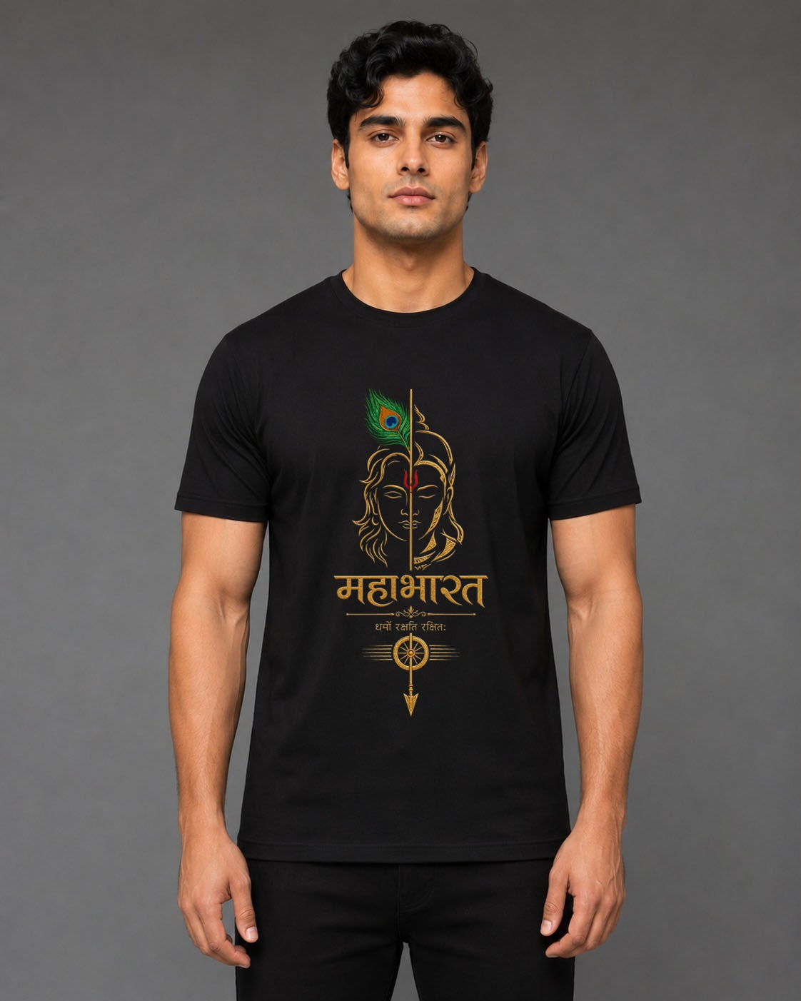 Mahabharat Krishna Premium Black Half Sleeve Round Neck T-Shirt for Men | Spiritual Graphic Printed Cotton Tee