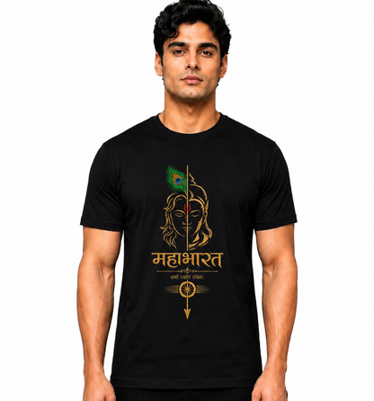 Mahabharat Krishna Premium Black Half Sleeve Round Neck T-Shirt for Men | Spiritual Graphic Printed Cotton Tee