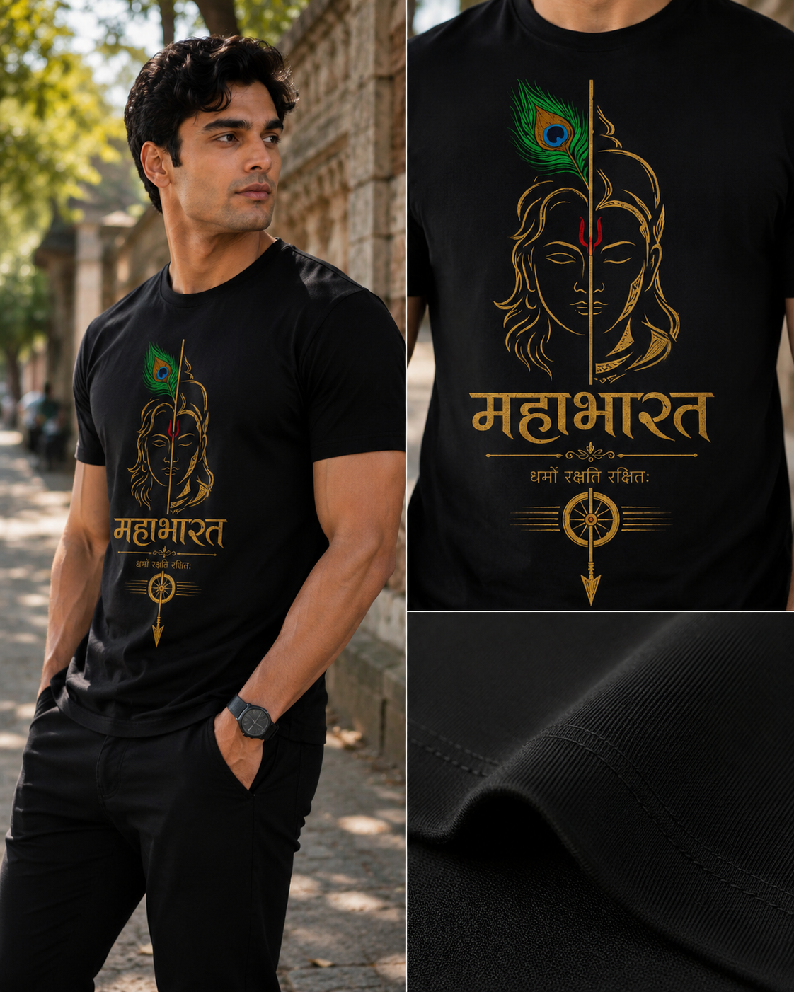 Mahabharat Krishna Premium Black Half Sleeve Round Neck T-Shirt for Men | Spiritual Graphic Printed Cotton Tee