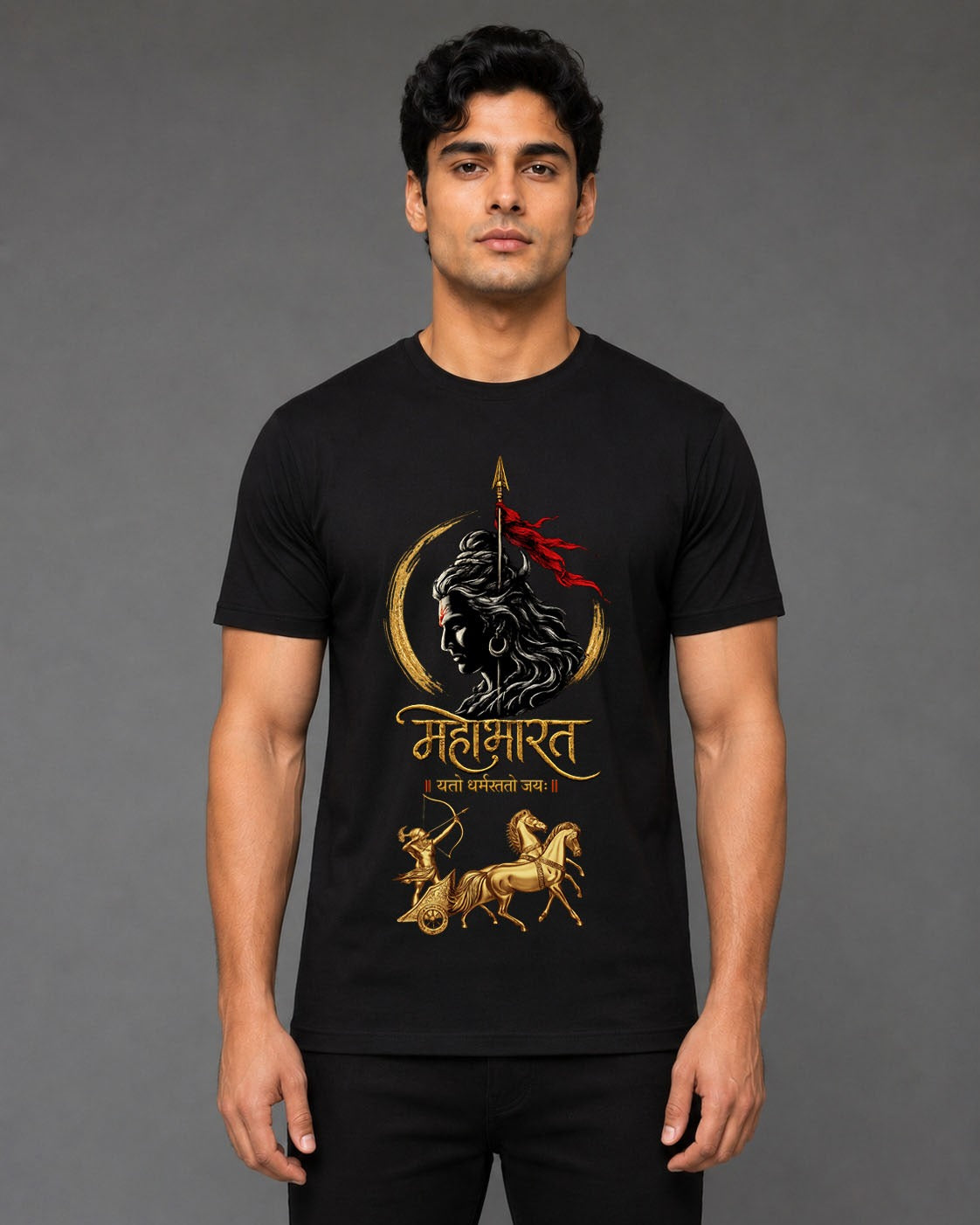 Mahabharat Warrior Premium Black Half Sleeve T-Shirt for Men | Hindu Mythology Graphic Printed Tee