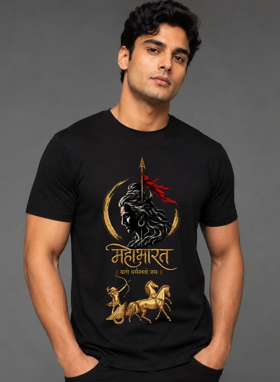 Mahabharat Warrior Premium Black Half Sleeve T-Shirt for Men | Hindu Mythology Graphic Printed Tee