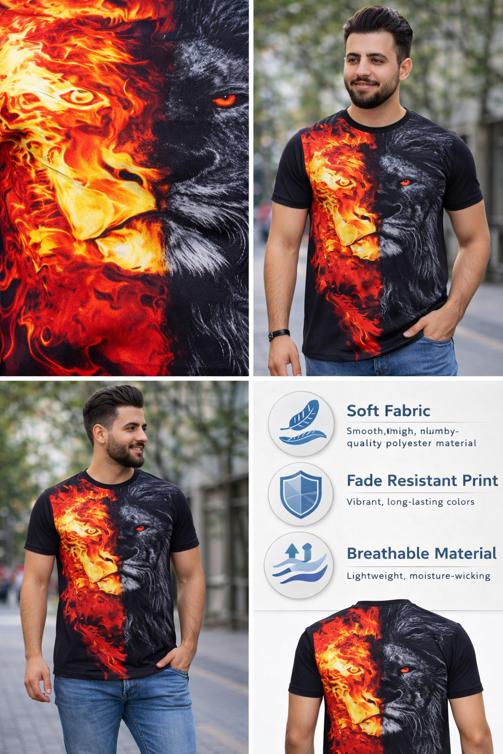 2-Pack Men's 3D Realistic Lion Graphic T-Shirts 2-Pack ( Black-Fire lion)