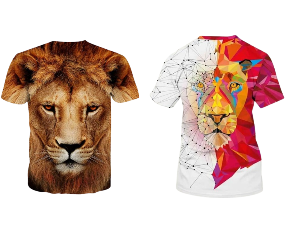 Combo - Pack of - 2 Lion T-shirt Men's Casual Street Style Stretch Round Neck Tee Shirt For Summer. White - Gold