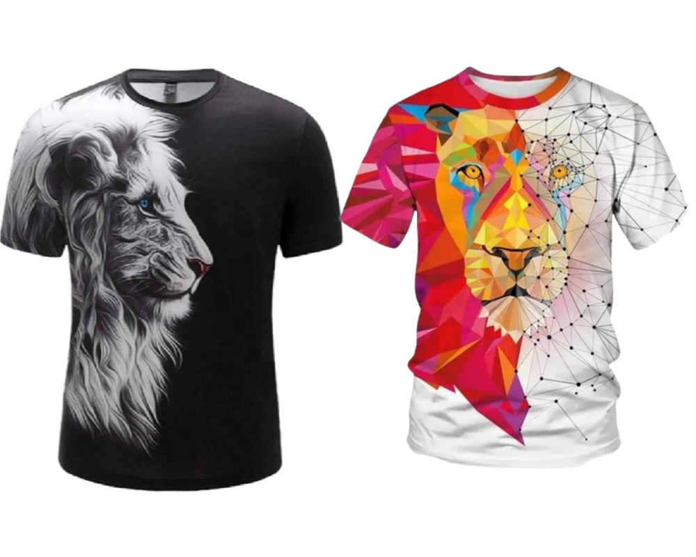 Combo - Pack of - 2 Lion T-shirt Men's Casual Street Style Stretch Round Neck Tee Shirt For Summer. White - Black - UD FABRIC - Your Style our Design