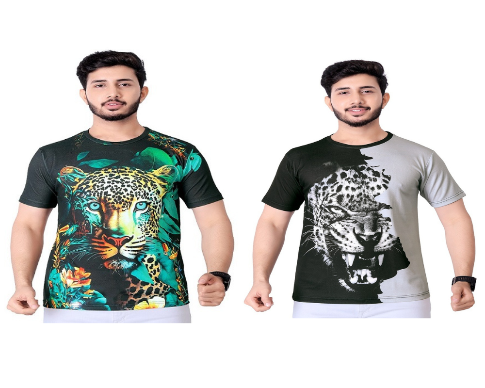 Combo - Pack of - 2 Leopard T-shirt Men's Casual Street Style Stretch Round Neck Tee Shirt For Summer. Grey - Green - UD FABRIC - Your Style our Design