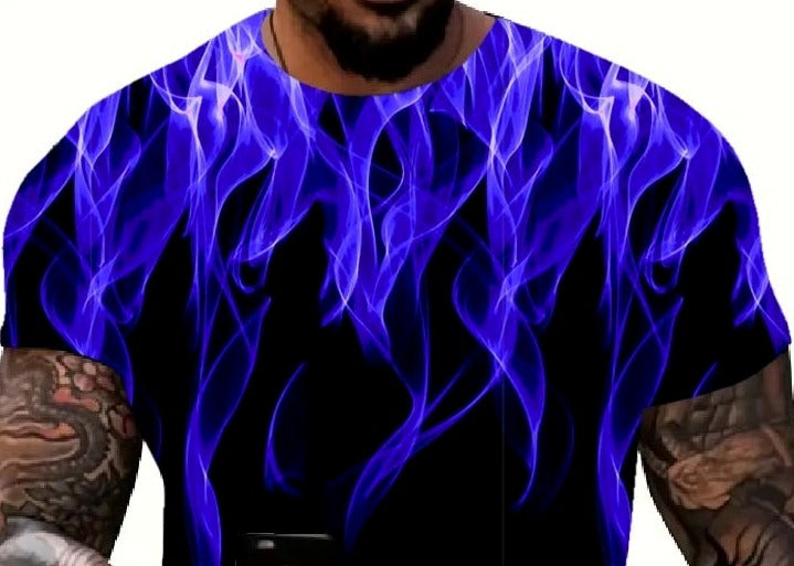 Cool 3D Flame Print T-Shirt Casual Funny Fire Pattern Pullover Unisex Fashion Tops Blue - UD FABRIC - Your Style our Design