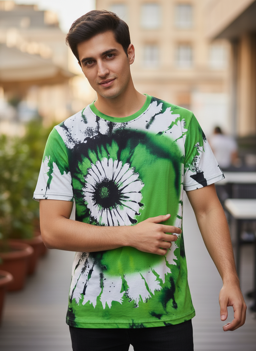 Tie-Dye Style Brown T-Shirts for Men | Spiral Streak Print Short Sleeve Shirt | Casual Summer Tee