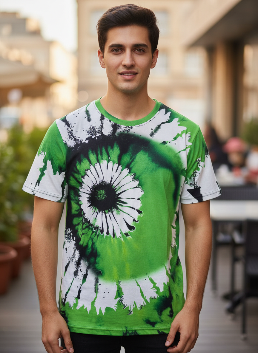 Tie Dye Style Colorfull T-Shirts for Men Spiral Streak Print Shirt with Short Sleeves - Green