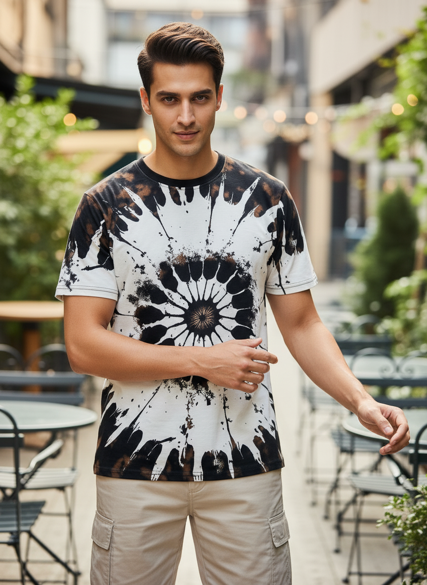 Tie Dye Style Colorfull T-Shirts for Men Spiral Streak Print Shirt with Short Sleeves - Green