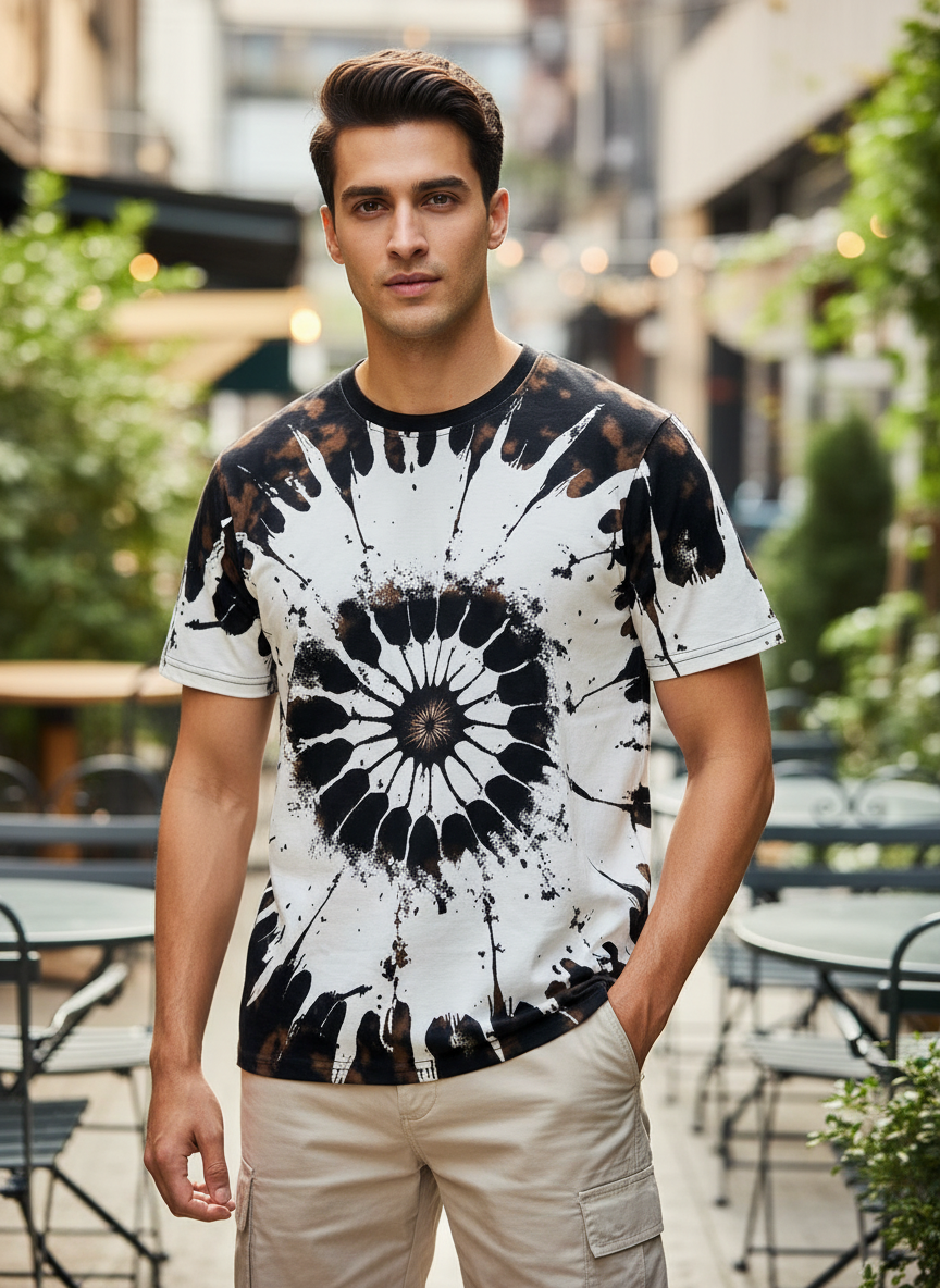 Tie Dye Style Colorfull T-Shirts for Men Spiral Streak Print Shirt with Short Sleeves - Green