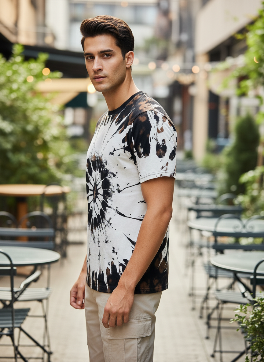 Tie-Dye Style Brown T-Shirts for Men | Spiral Streak Print Short Sleeve Shirt | Casual Summer Tee