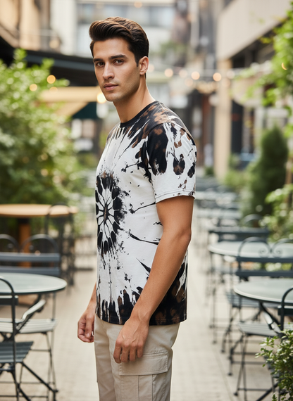 Tie-Dye Style Brown T-Shirts for Men | Spiral Streak Print Short Sleeve Shirt | Casual Summer Tee
