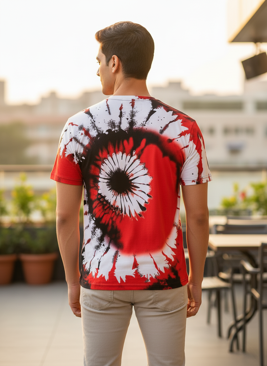Color Block Style T-Shirts for Men | Spiral Streak Print Short Sleeve Shirt | Casual Summer Tee- RED