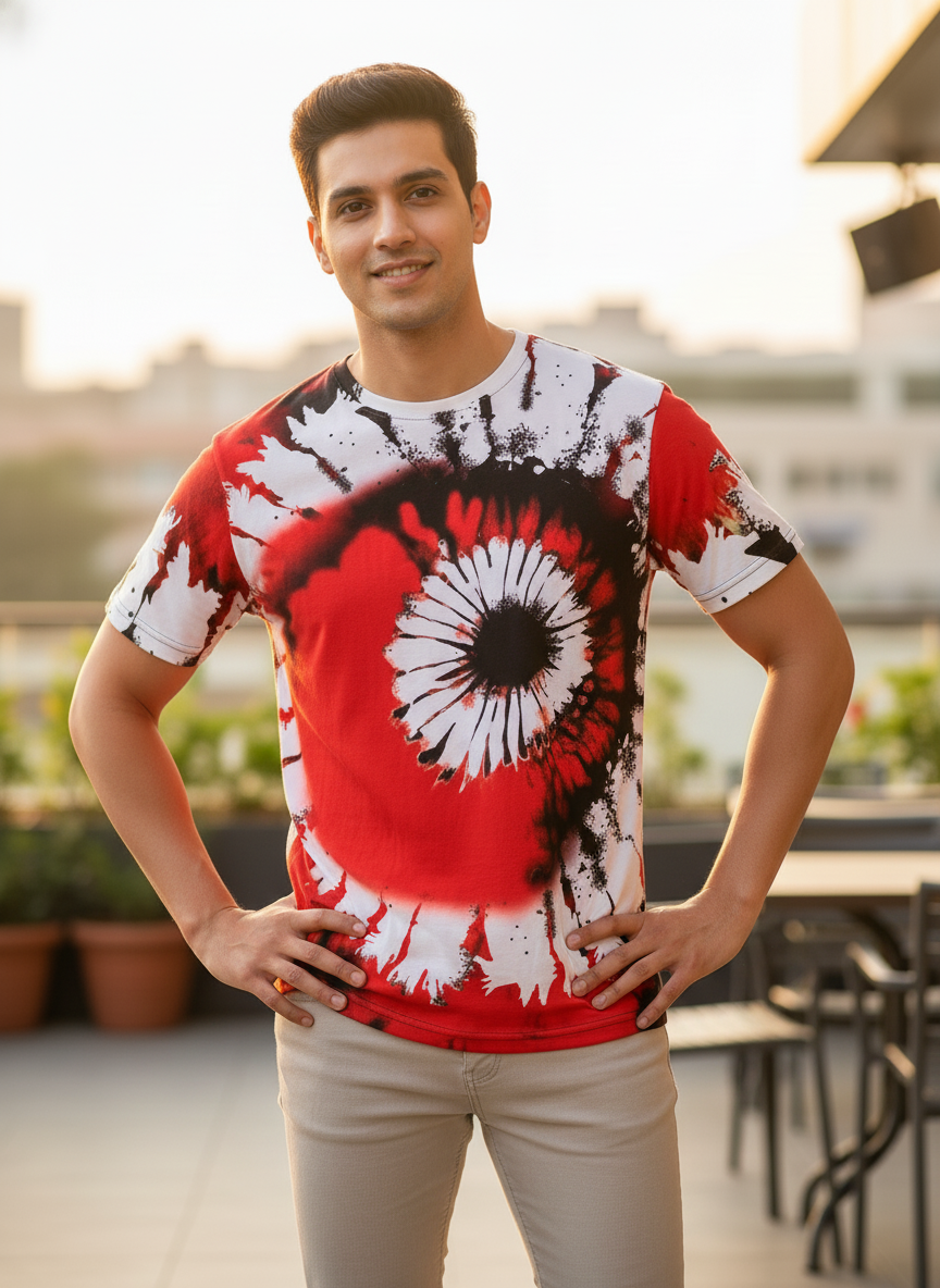 Color Block Style T-Shirts for Men | Spiral Streak Print Short Sleeve Shirt | Casual Summer Tee- RED