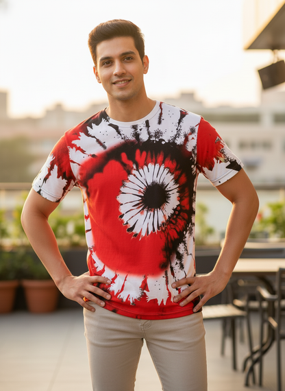 Color Block Style T-Shirts for Men | Spiral Streak Print Short Sleeve Shirt | Casual Summer Tee- RED