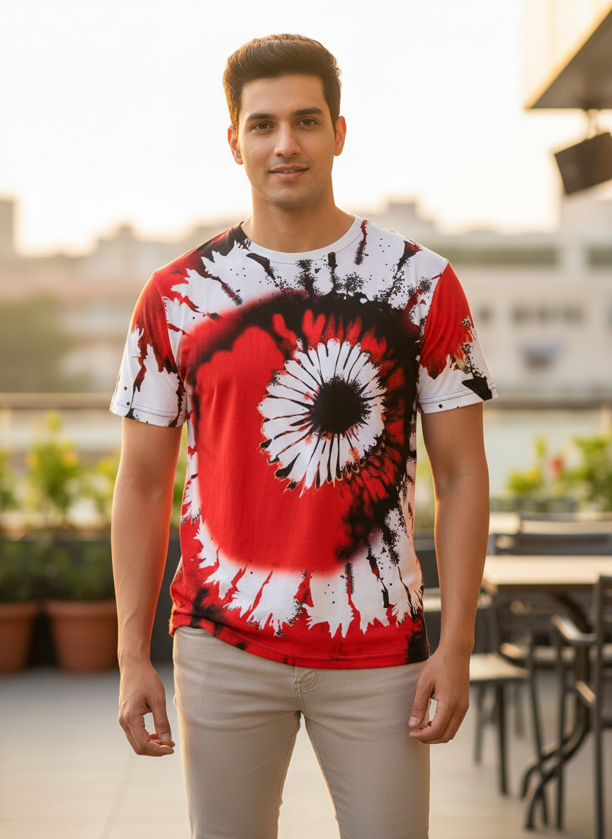 Color Block Style T-Shirts for Men | Spiral Streak Print Short Sleeve Shirt | Casual Summer Tee- RED