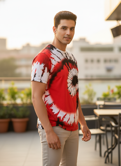 Color Block Style T-Shirts for Men | Spiral Streak Print Short Sleeve Shirt | Casual Summer Tee- RED