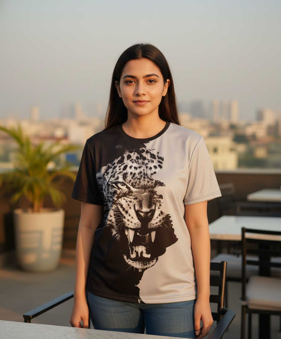 Tiger Printed Polycotton Half Sleeve Oversized Animal T-Shirt for Women ( Grey )