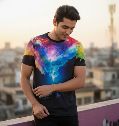 3D Galaxy & Figure Graphic Print Short Sleeve Tshirt for Men