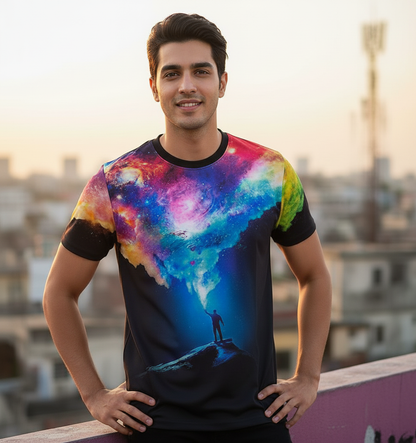 3D Galaxy & Figure Graphic Print Short Sleeve Tshirt for Men